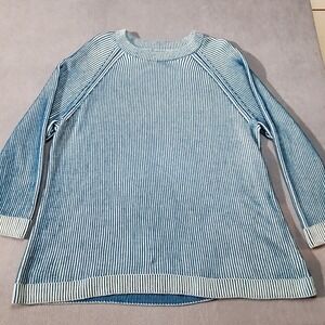 Lands End Sweater Womens 2X  Blue Striped Drifter 20W-22W Fisherman Long Sleeve